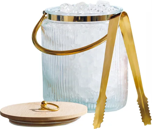 Le'raze Cubo de Hielo de Vidrio con Tapa Hermética, Pinzas, Pala y Asa - Recipiente para Bebidas Acanalado de 3L, Accesorios para Cóctel y Bar