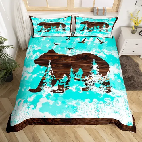 Juego de funda de edredón de oso para niños, juego de ropa de cama de animales salvajes para niños, naturaleza, vida silvestre, oso, pájaro, juego