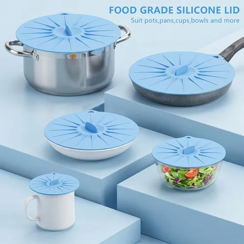 Miniatura 5 de Paquete de 5 tapas de silicona para tazón, cubierta de silicona para microondas, con 5 tamaños, tapas térmicas reutilizables para tazas, cuencos