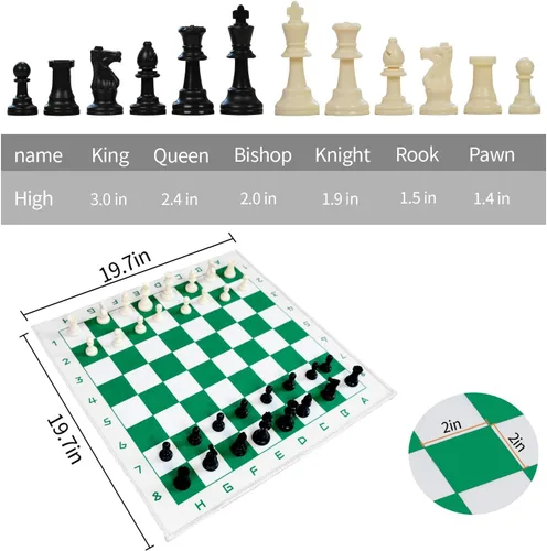Miniatura 4 de Juego de ajedrez con tablero plegable verde y blanco de 19.7 x 19.7 pulgadas, piezas estándar sin peso de 3 pulgadas, juego de ajedrez de viaje
