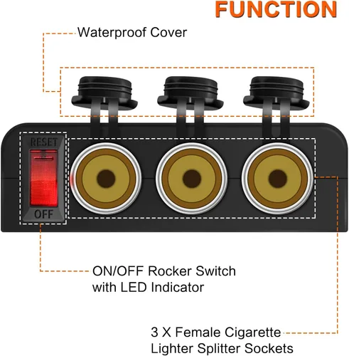 Miniatura 2 de Divisor de encendedor de cigarrillos de 3 enchufes, adaptador de toma de corriente de 12V con interruptor LED rojo de encendido/apagado, enchufe