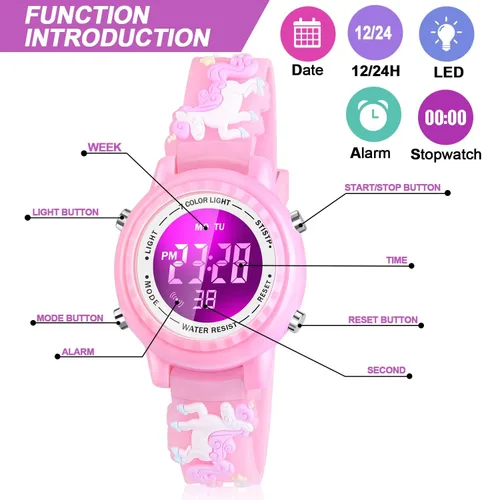 Miniatura 70 de Relojes LED impermeables para niños con alarma, juguetes para niños, regalos para niñas de 3 a 10 años