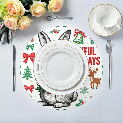 Miniatura 5 de Mantel individual verde con diseño de conejo de Feliz Navidad 15x15 en manteles para mesa de comedor