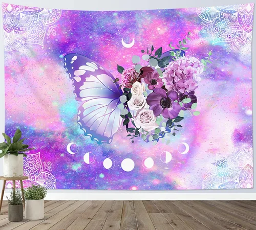 Miniatura 17 de HVEST Tapiz retro rojo de hongos para colgar en la pared, diseño floral rosa con fresa y mariposa en beige, tapiz para dormitorio, flores, plantas