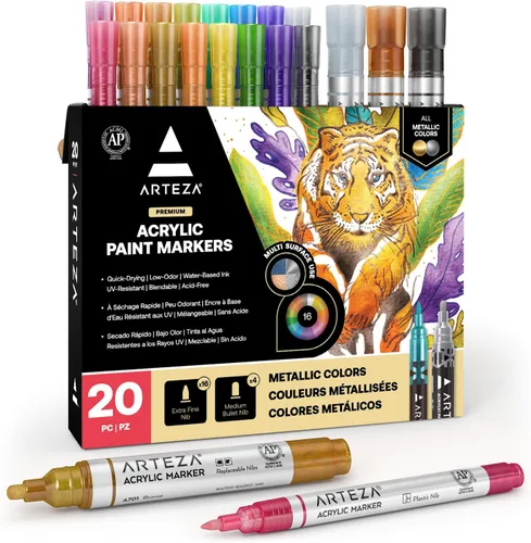 Miniatura 10 de ARTEZA Marcadores de pintura acrílica metálica, juego de 12 (6 dorados + 6 plateados), puntas extrafinas de 0.069 pulgadas, bolígrafos de pintura a