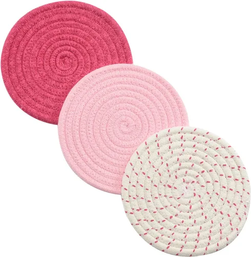 Miniatura 10 de Juego de agarraderas para ollas, juego de salvamanteles 100% algodón tejido de hilo, juego de 3 elegantes posavasos, almohadillas para el calor, Gris