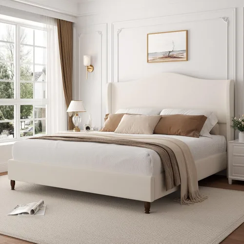Miniatura 8 de Armazón de cama tamaño completo con cabecera de 51" de altura, marcos de cama de plataforma tapizados en chenilla con respaldo clásico curvado tipo