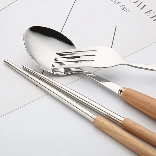 Miniatura 4 de Muka Juego de 3 cubiertos reutilizables con mango de madera con estuche y mango de madera
