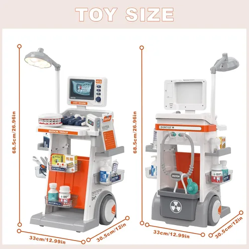 Miniatura 6 de RedCrab Kit de Doctor para Niños, Juego de Doctores para Niños de 32 Piezas con Carrito Médico, Estetoscopio, Termómetro y Jeringa, Juguete de Juego