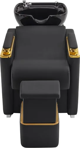 Miniatura 3 de BarberPub Silla de estación de champú de lavado a espalda con cuenco de cerámica de porcelana para lavar el cabello, rompe al vacío, silla Negro
