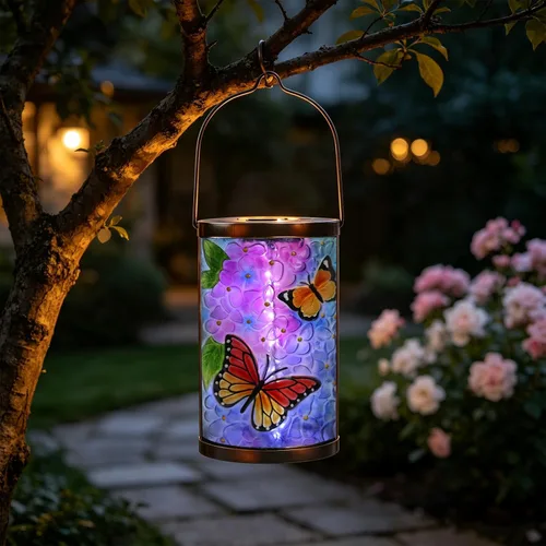 Miniatura 12 de Farol solar para exteriores, impermeable, colgante, luces solares de cristal de pájaro azul, faroles decorativos para exteriores, patio, césped