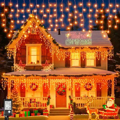 Miniatura 14 de Luces de carámbano para exteriores, 16.5 pies, 200 luces LED de Navidad para exteriores, impermeables, 8 modos de enchufe, cortina de luz conectable