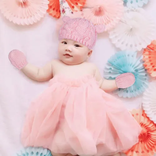 Miniatura 6 de Juego de 2 gorros de invierno para recién nacidos, guantes para bebés, niñas y niños pequeños, cálidos sombreros de punto, guantes de otoño