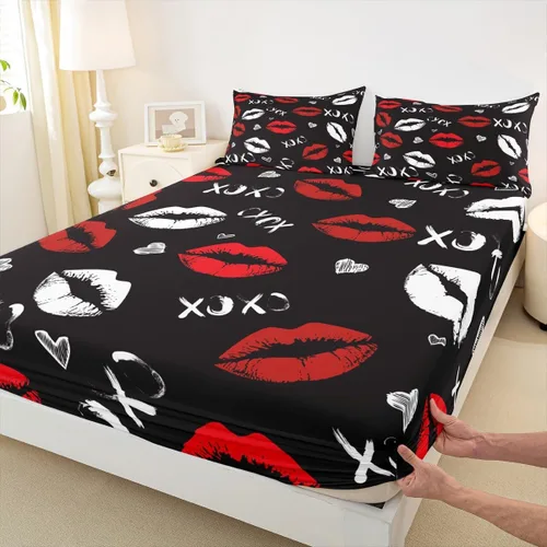 Miniatura 4 de Juego de sábanas bajeras de labios rojos femeninos para niñas y mujeres, juego de sábanas con estampado de lápiz labial blanco, juego de sábanas