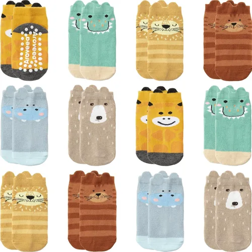 Miniatura 27 de Calcetines con Agarre Antideslizantes de Algodón para Bebés y Niños Pequeños, Niños y Niñas, Paquete de 12 Calcetines de Tobillo Lindos para Niños