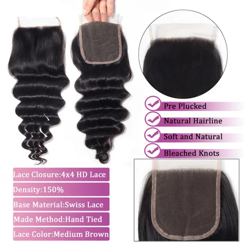 Miniatura 4 de Paquetes de cabello brasileño suelto de onda profunda con cierre, 3 paquetes y cierre de cabello humano de 10, 12, 14+10 pulgadas, 100% sin