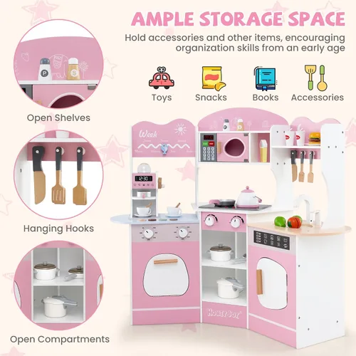 Miniatura 8 de HONEY JOY Cocina de Jugar de Rincón, Juego de Cocina de Madera para Niños Pequeños con Luces, Cafetera, Microondas, Fregadero, Grifo, Juego