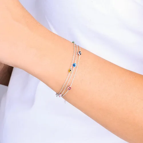 Miniatura 2 de Pulseras de plata de ley 925 con protección de cadena de triple capa, pulsera azul Ojo Turco para mujer, joyería bohemia delicada para mujer