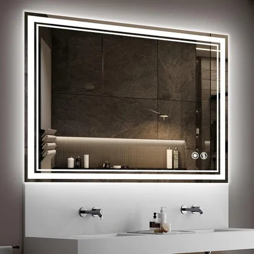 Miniatura 10 de Espejo LED de 48 x 28 pulgadas para baño, espejo de baño sin niebla, con luces LED, regulable, 3 colores, luces delanteras y retroiluminadas, espejo