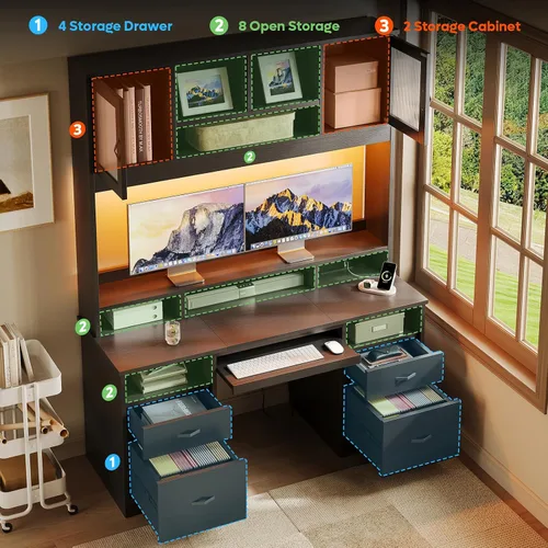 Miniatura 4 de Bestier Escritorio Ejecutivo de 77.8" de Alto con Estante Superior, Escritorio Moderno de Madera para Computadora con Cajones, Estación de Carga