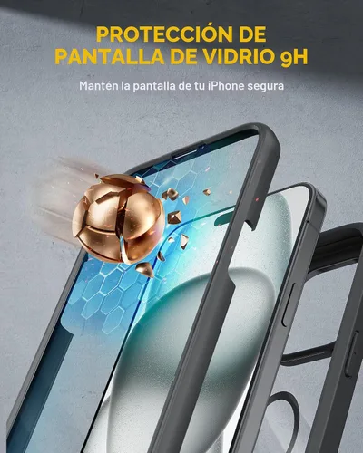 Miniatura 5 de Miracase - Funda magnética de cuerpo completo para iPhone 15, compatible con MagSafe, con protector de pantalla de vidrio templado 9H antihuellas