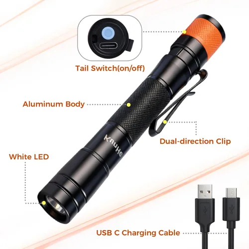 Miniatura 4 de KunHe Linterna LED recargable portátil de 180 lúmenes, paquete de 2 unidades, luz de bolsillo impermeable, modo único, fácil de usar con clip