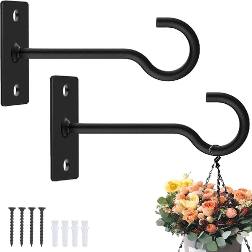 Miniatura 22 de Ganchos para plantas, paquete de 2 soportes de metal para colgar plantas de 6 pulgadas, gancho decorativo para comederos de pájaros, macetas, Negro