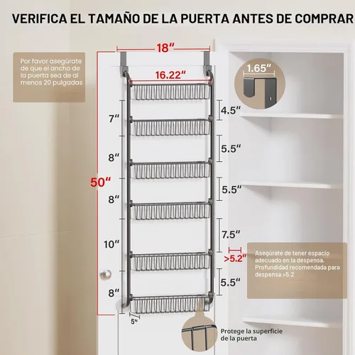 Miniatura 2 de Delamu Organizador de Despensa Sobre la Puerta, Organizador y Almacenamiento de Puerta de Despensa de Metal de 6 Niveles, Canasta de Cocina Colgante