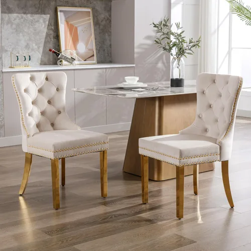 Miniatura 39 de KCC Nikki Collection - Juego de 4 sillas de comedor de terciopelo tapizadas de alta gama con anillo trasero de clavo, patas de madera maciza