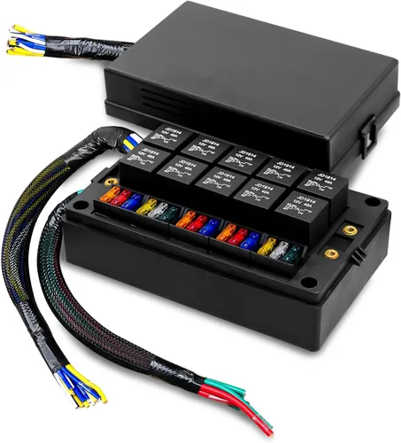 Caja de relés de fusibles impermeable precableada – 15 ranuras ATC/ATO, 10 soportes de relé con relés y fusibles – Bloque para automóvil, camión,
