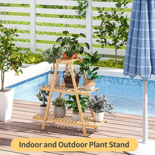 Miniatura 7 de Soporte de bambú para plantas interior/exterior, 3 niveles, negro, rectangular, 8 macetas para flores, estante para plantas