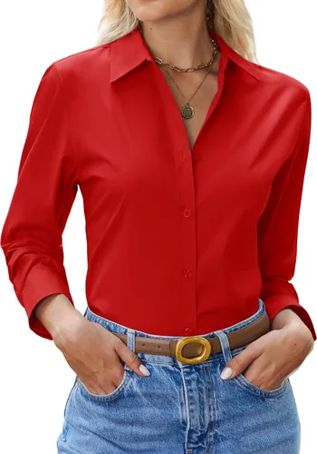 Miniatura 11 de siliteelon Camisa con botones para mujer: camisa de vestir con cuello de manga larga de algodón con botones, blusa de trabajo y oficina