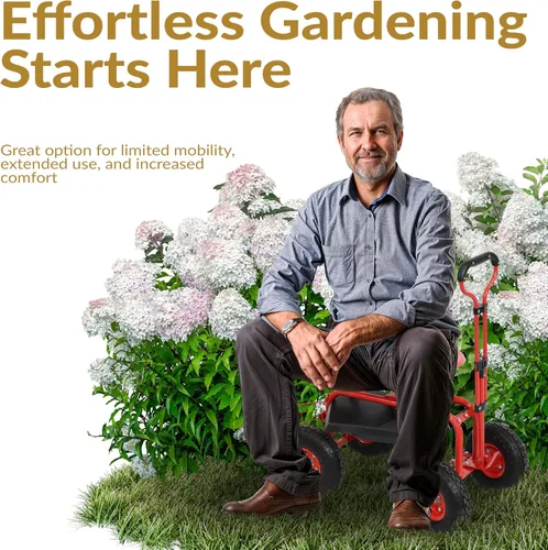 Miniatura 2 de Sunnydaze Carrito de jardín con ruedas - Taburete de jardín sobre ruedas - Asiento de jardinería con ruedas con mango extensible - Asiento giratorio