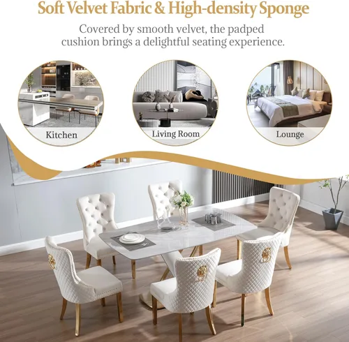 Miniatura 9 de Civama Juego de 2 sillas de comedor, elegantes sillas de comedor de terciopelo capitonado de lujo con patas doradas y adornos de clavos, tirador