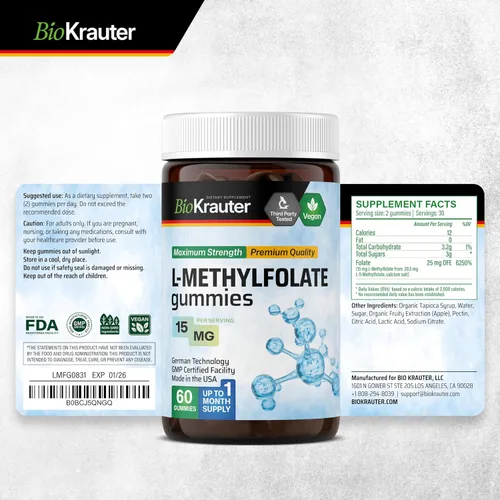 Miniatura 8 de BIO KRAUTER® Gomitas de L-metilfolato para apoyo fólico - Gomitas de ácido fólico (vitamina B9) Suplemento MTHF para la salud cerebral y el apoyo