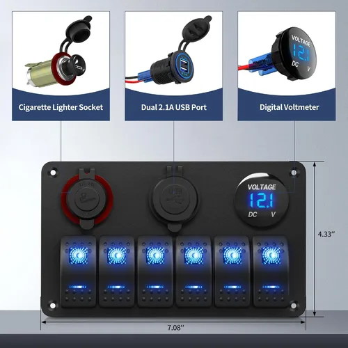 Miniatura 2 de RVBOATPAT Panel de interruptor marino de 6 bandas Panel de interruptor de barco impermeable Interruptor basculante de 12 V Panel de interruptor azul