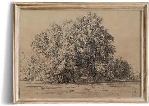 Miniatura 5 de Póster con estampado de árboles del bosque, color beige, dibujo de paisaje, grabado rústico, gris, arte de pared apagado, boceto gris neutro