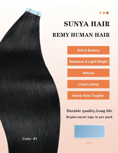 Miniatura 2 de Sunya Extensiones de cabello humano con cinta adhesiva, color negro azabache, 12 pulgadas, extensiones de cabello lacio negro #1, 1.41 oz/20