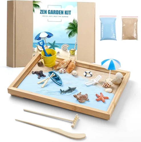 Kit de Jardín Zen para Escritorio - Hermoso Juego de Decoración de Caja de Jardín de Arena Zen de Playa Japonesa Mini Premium para el Hogar, Oficina