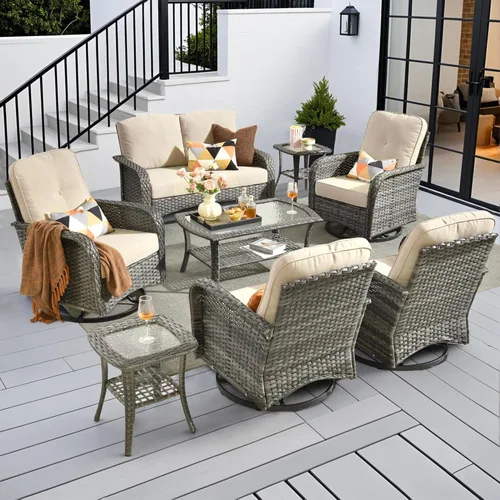 Miniatura 21 de CAODOC Juego de muebles de mimbre para patio, 4 piezas, para todo tipo de clima, sofá biplaza y mesa para patio trasero, balcón y terraza