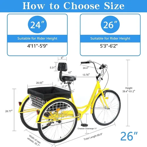 Miniatura 2 de Triciclo para adultos de 24/26 pulgadas, 7 velocidades, triciclo de 3 ruedas para adultos para mujeres/hombres/personas mayores, bicicleta de tres