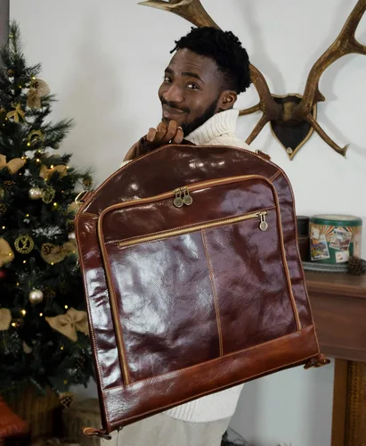 Miniatura 8 de Time Resistance Bolsa de ropa de cuero Traje Duffel Slim Maleta de mano Vestido Bolsa de protección Marrón