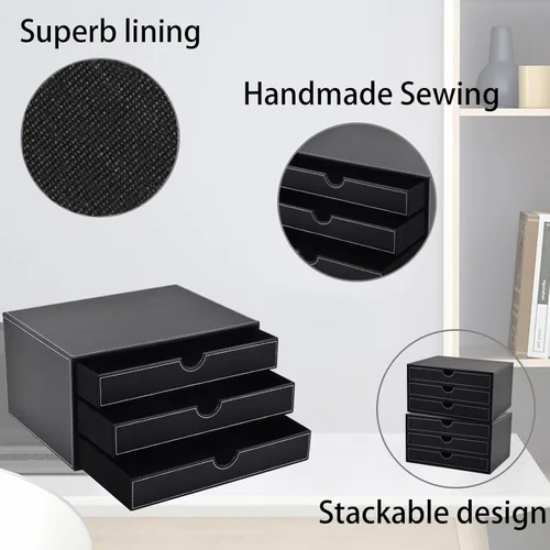 Miniatura 5 de Organizador de escritorio de piel sintética con 3 cajones, suministros de oficina ejecutivos, archivador A4, soporte para joyas, facturas, papel