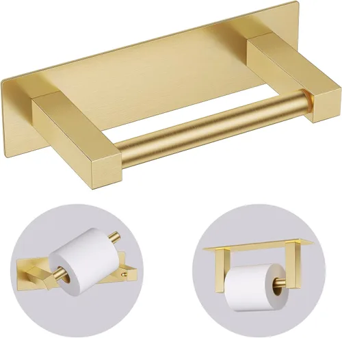 Soporte de papel higiénico autoadhesivo dorado cepillado, soporte de papel higiénico para baño de acero inoxidable, soporte para papel higiénico