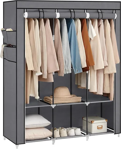 Miniatura 11 de SONGMICS Armario portátil, Organizador de armario con cubierta, 2 barras para colgar y estantes, 4 bolsillos laterales, 33.9 x 17.7 x 65.7 pulgadas