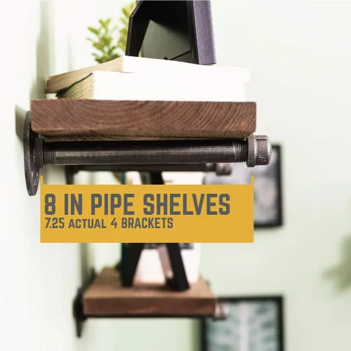 Miniatura 6 de Rustic Pipe Decor Soporte para estante industrial, juego de cuatro accesorios de hierro negro, bridas y tuberías para estantes flotantes