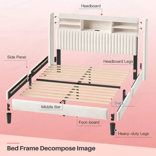 Miniatura 9 de Homkdom Base de cama de tamaño matrimonial, cabecera tapizada de canal vertical con estantes de almacenamiento, marco de cama de terciopelo con Beige