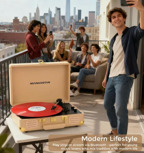 Miniatura 7 de Tocadiscos Bluetooth vintage, tocadiscos portátil de 3 velocidades con altavoces estéreo de graves integrados, fonógrafo de vinilo accionado por