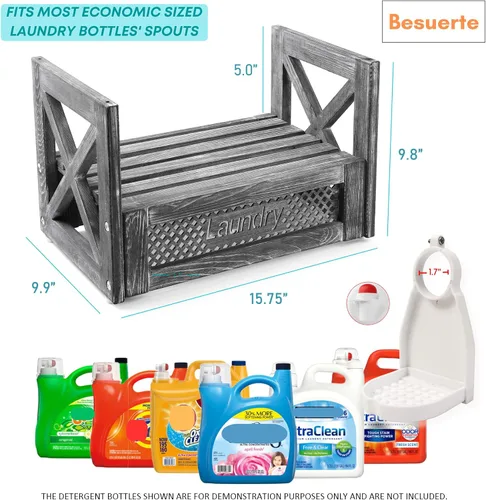 Miniatura 4 de Soporte de madera para detergente para ropa – Estante rústico de lavandería para dos botellas de detergente, almacenamiento y decoración