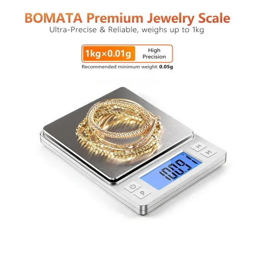 Miniatura 2 de BOMATA Báscula de joyería de alta precisión de 0.00 oz, báscula digital de 35.27 oz con función de sujeción, tara y conteo, diseño pequeño y Plateado